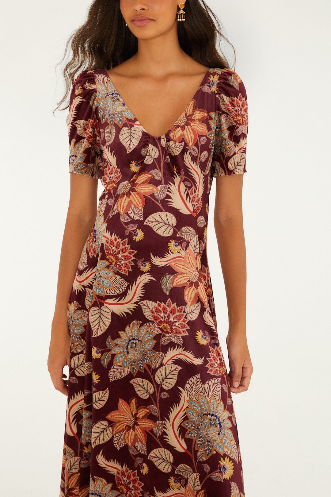 FARM Rio model wearing the Delhi Floral Short Sleeve Velvet Maxi Dress
