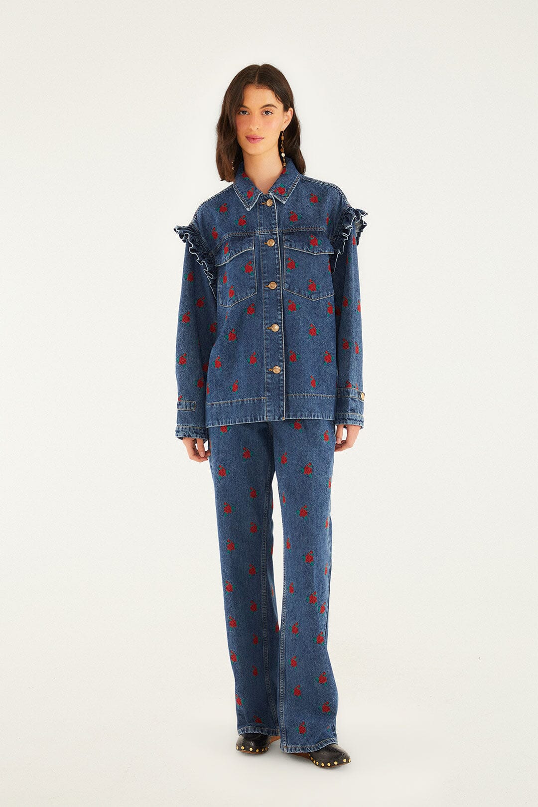 FARM Rio model wearing the Denim Embroidered Flowers Pants