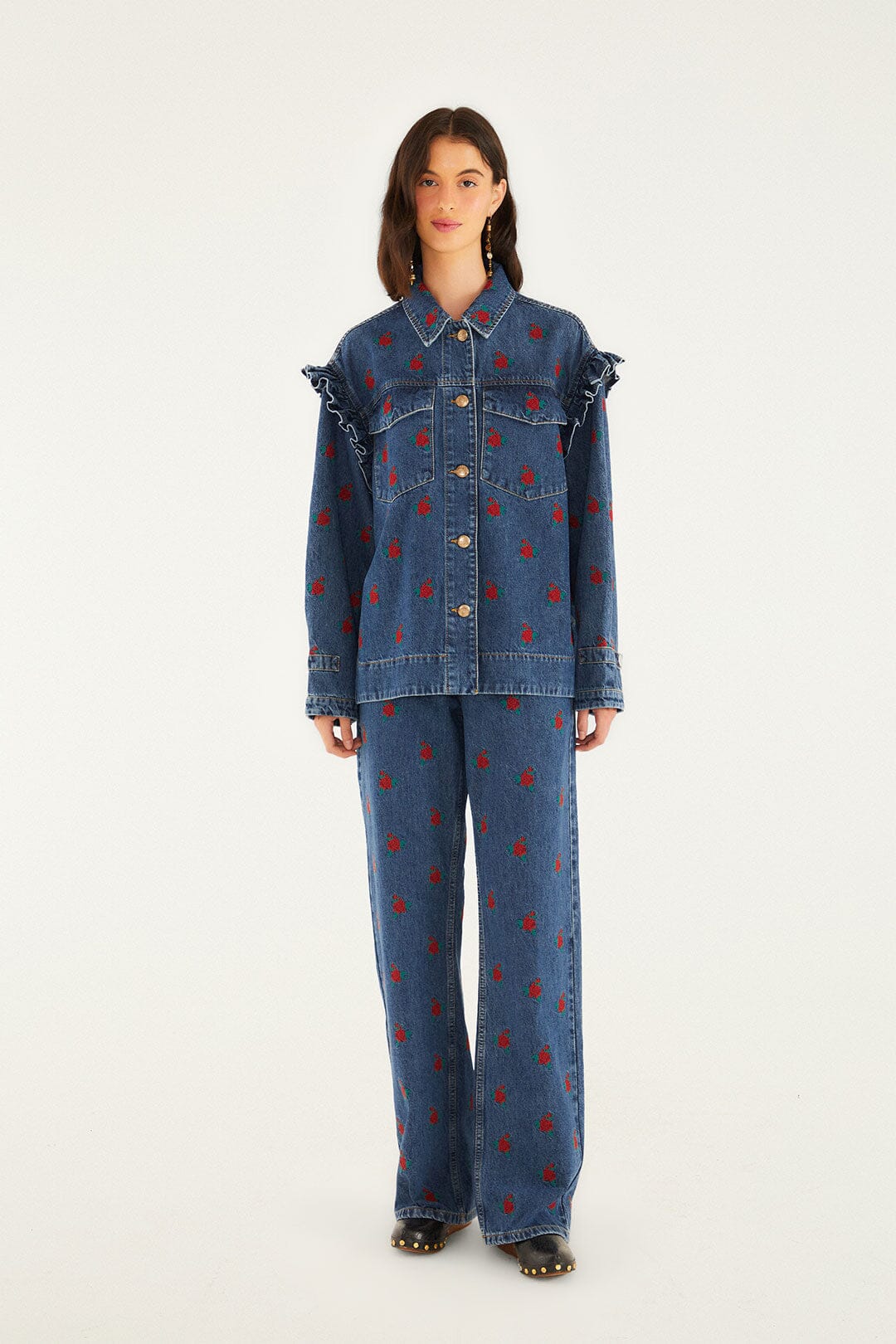 FARM Rio model wearing the Denim Embroidered Flowers Shirt