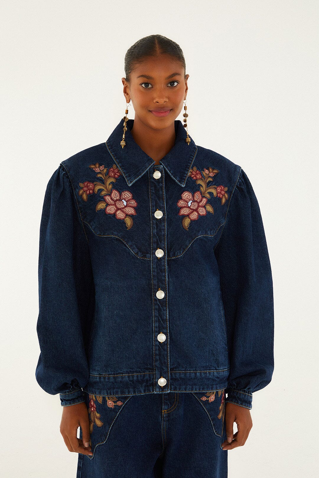 FARM Rio model wearing the Denim Flower Embroidery Jacket
