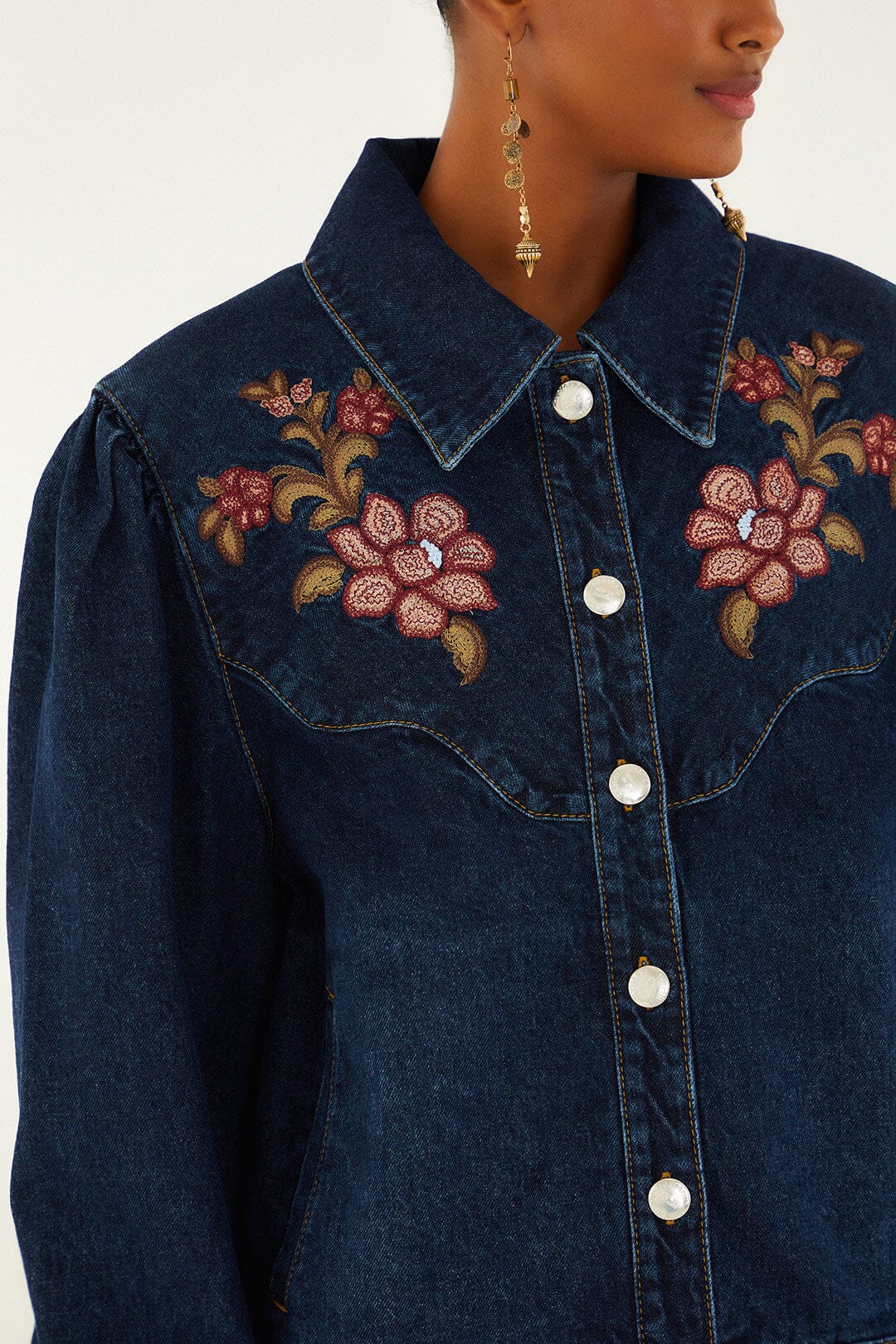 FARM Rio model wearing the Denim Flower Embroidery Jacket