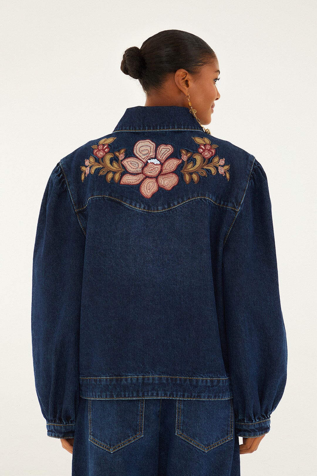 FARM Rio model wearing the Denim Flower Embroidery Jacket