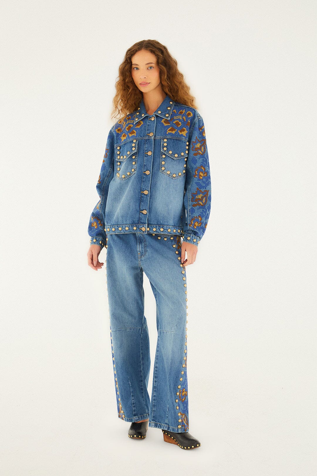 FARM Rio model wearing the Denim Metal Details Embroidered High Waist Pants