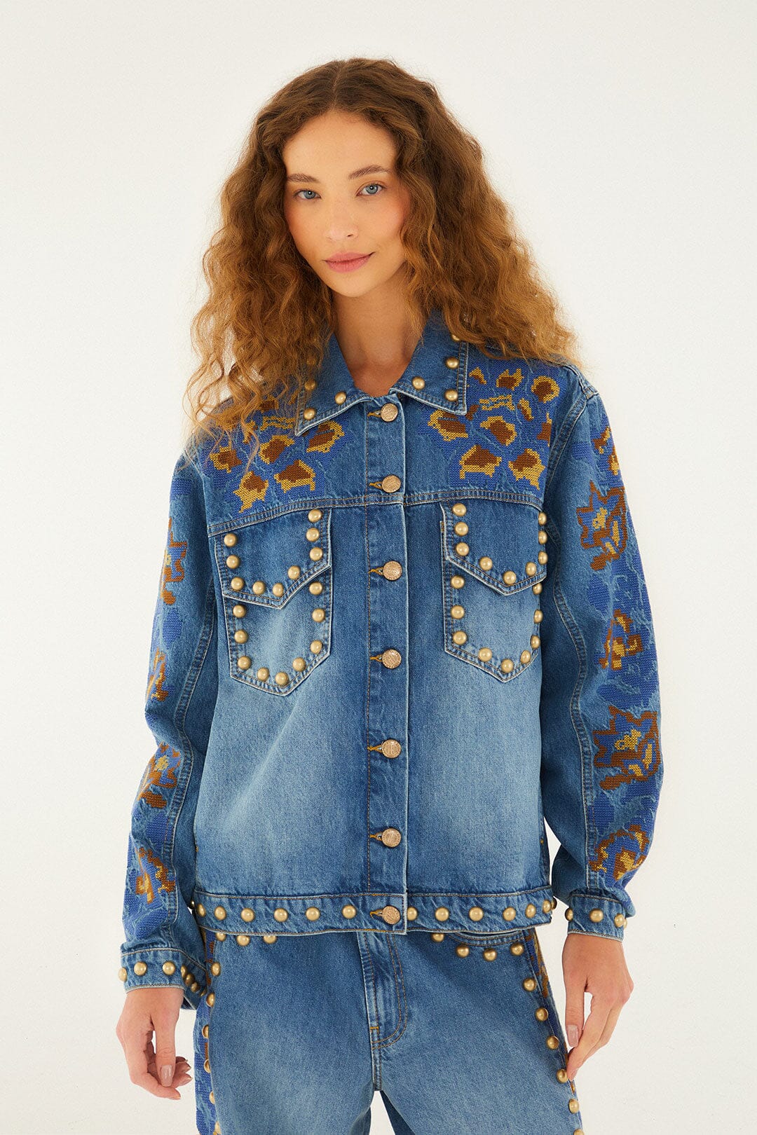 FARM Rio model wearing the Denim Metal Details Embroidered Jacket
