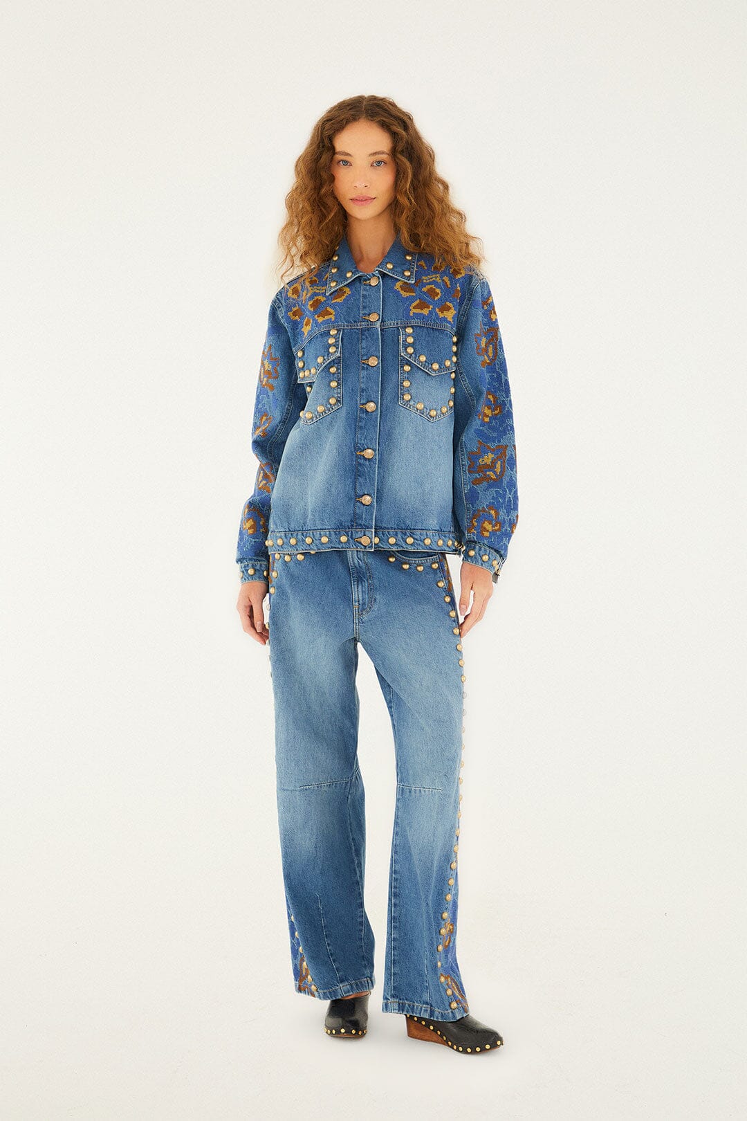 FARM Rio model wearing the Denim Metal Details Embroidered Jacket