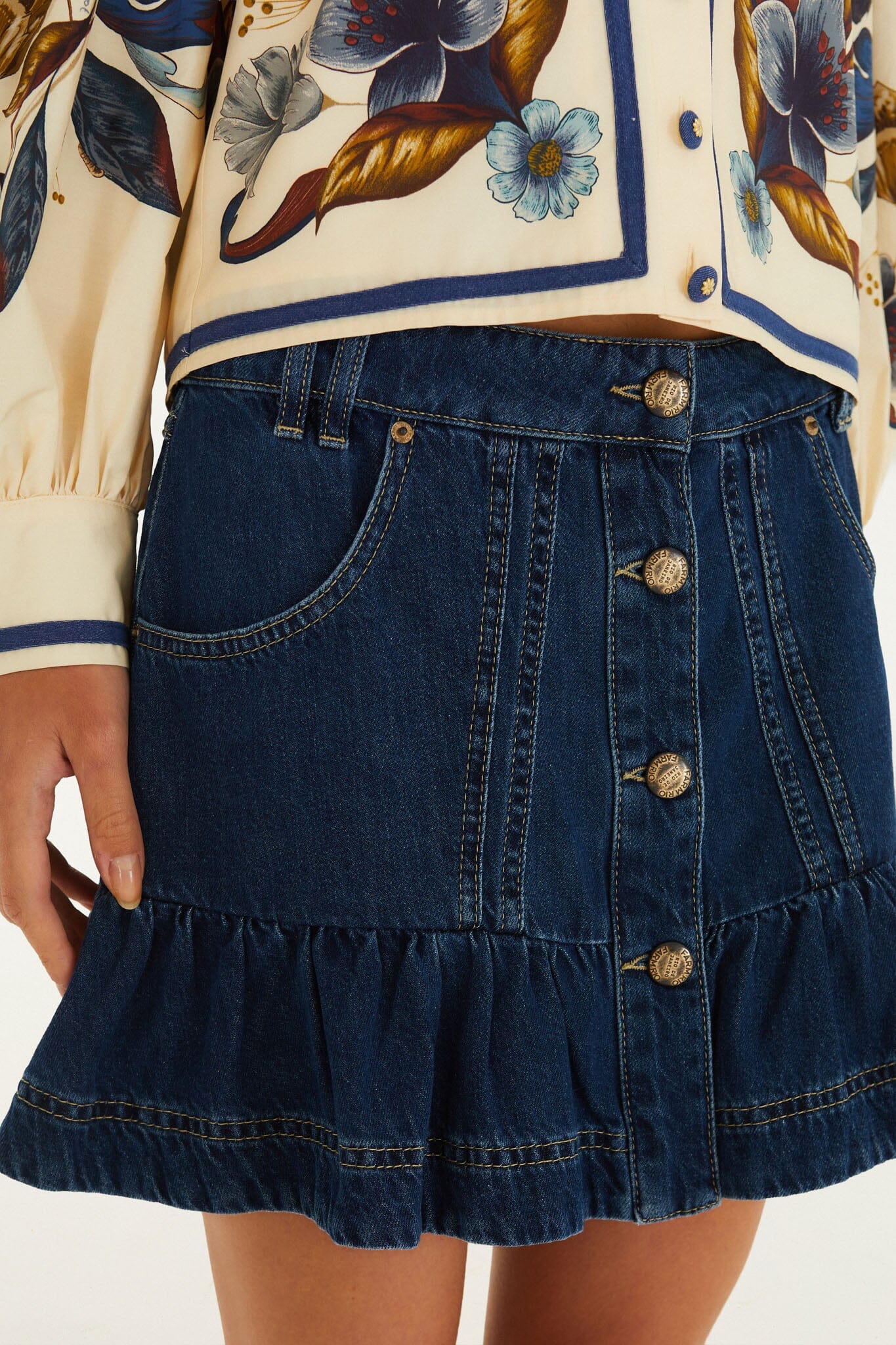 FARM Rio model wearing the Denim Mini Skirt