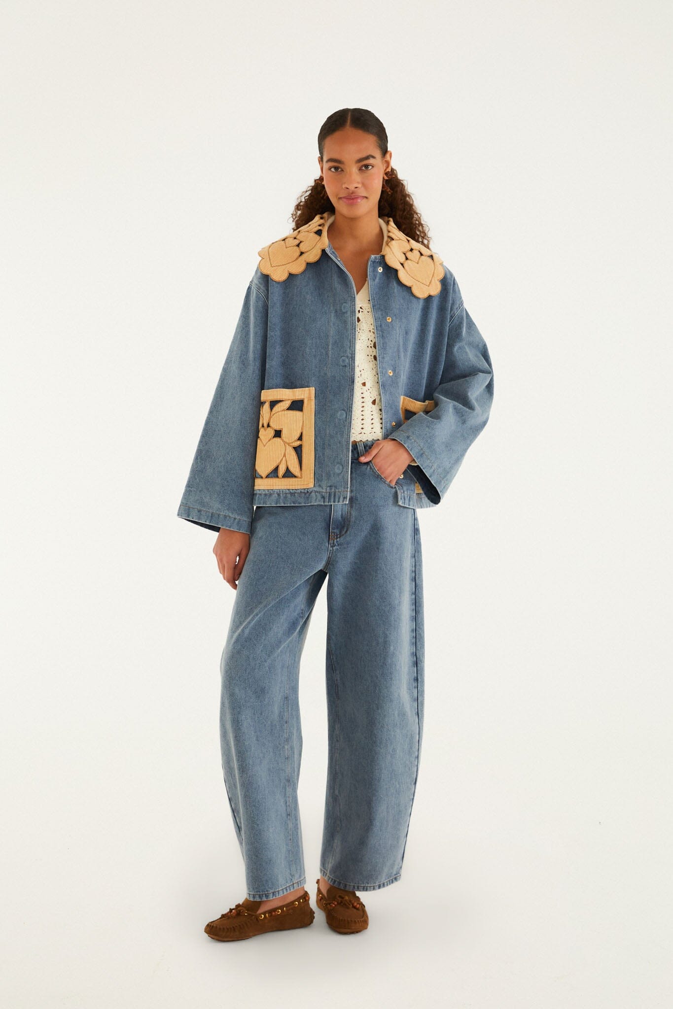 FARM Rio model wearing the Denim Richelieu Barn Jacket
