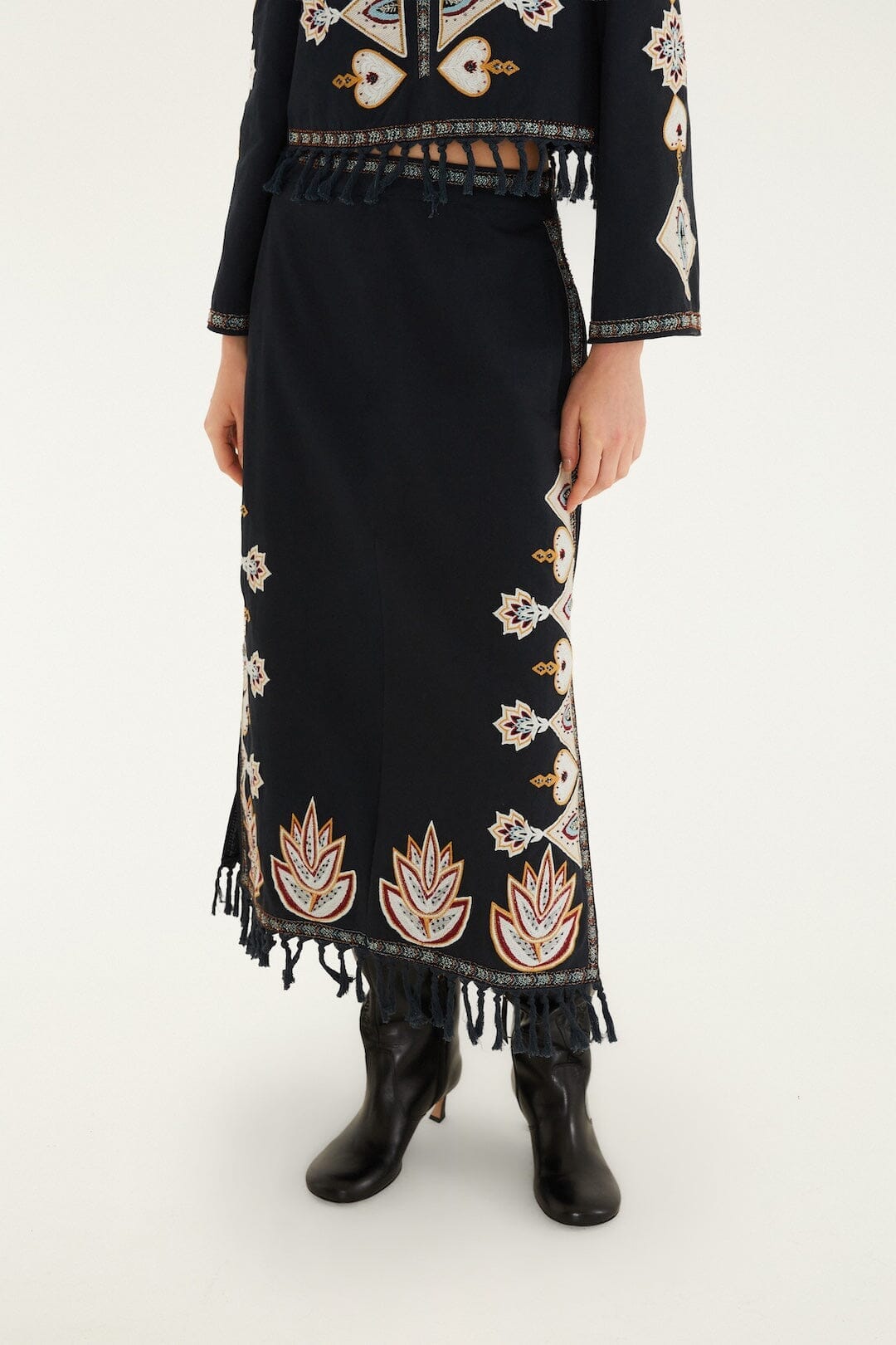 Embroidered Fringe Midi Skirt
