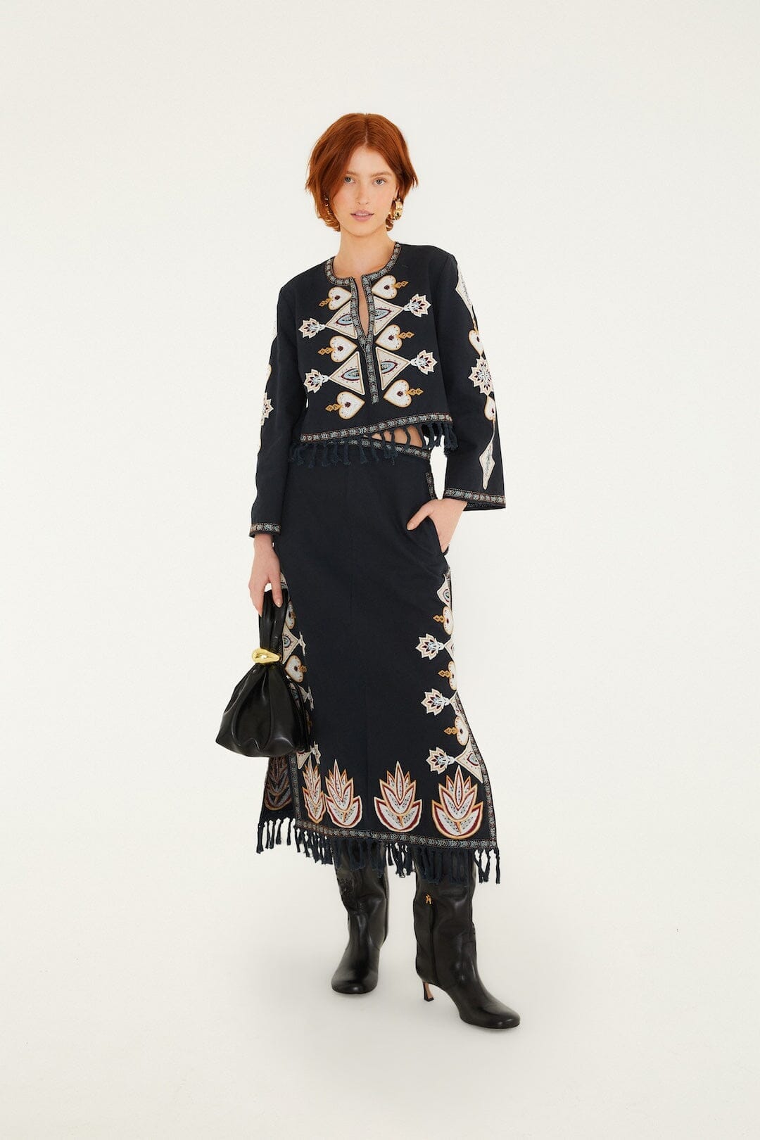 Embroidered Fringe Midi Skirt