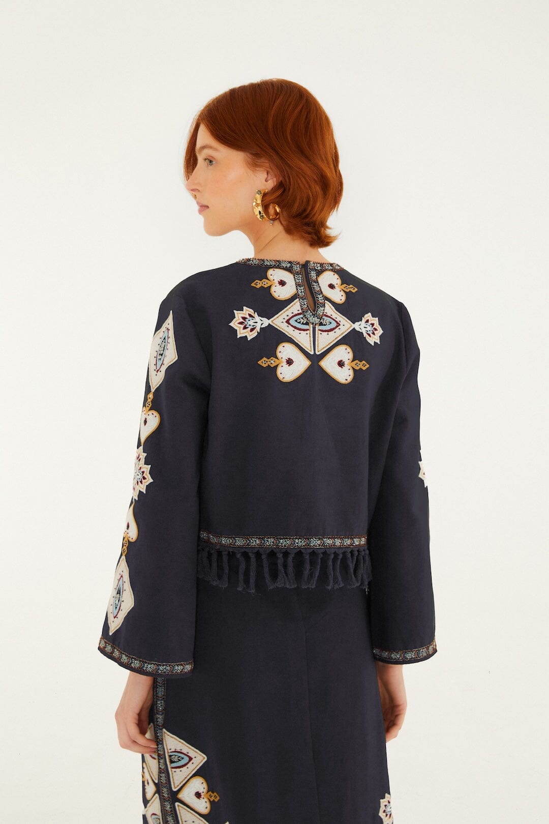 Embroidered Long Sleeve Fringe Crop Top