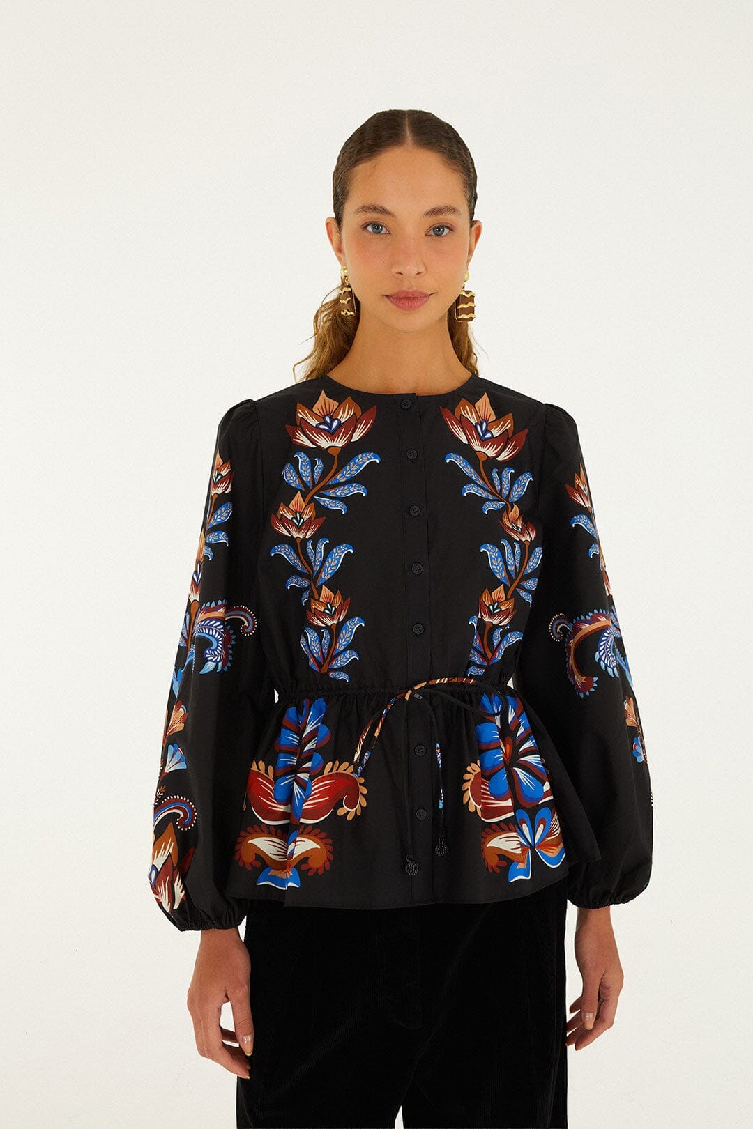 Energy Floral Drawstring Buttoned Blouse