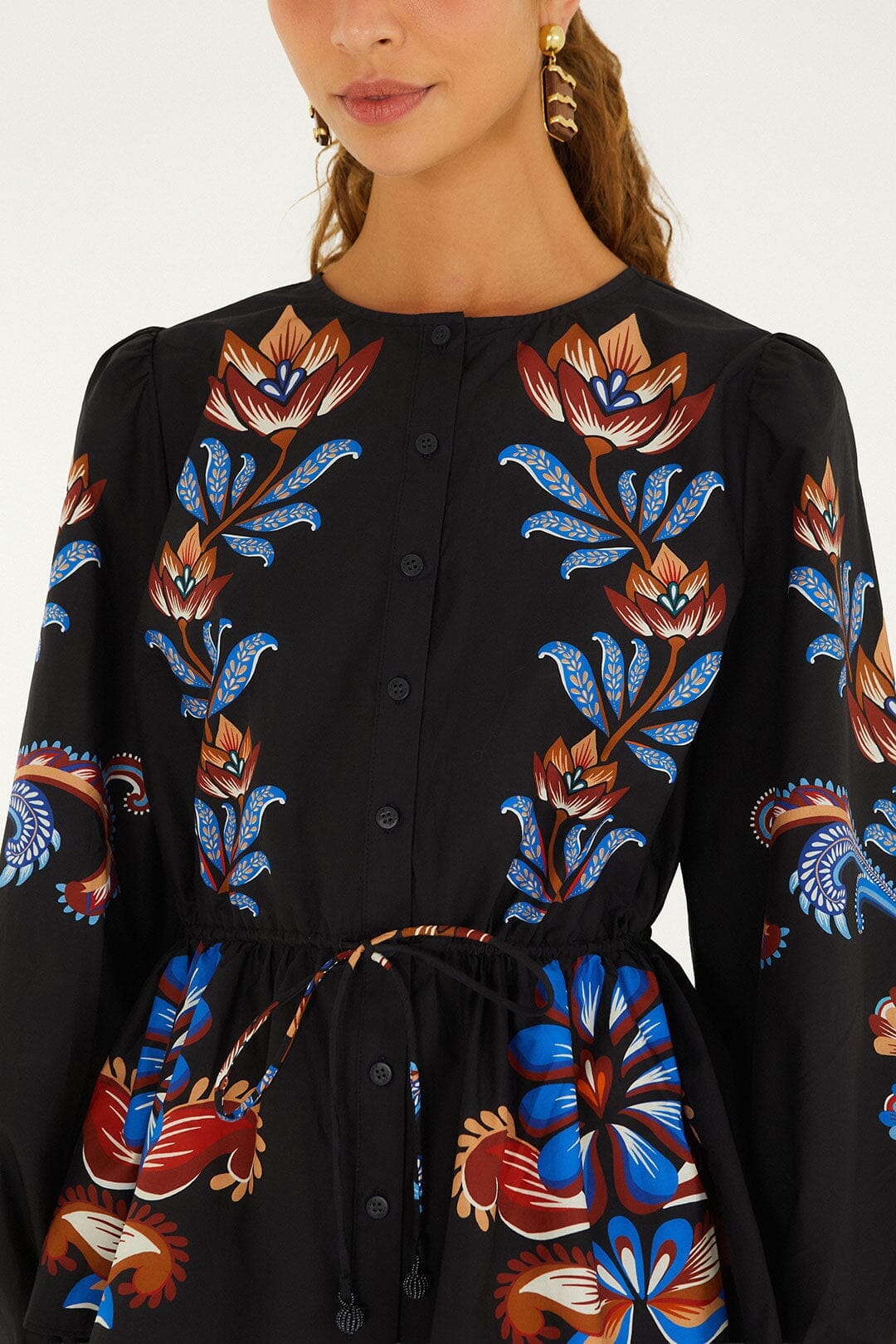 Energy Floral Drawstring Buttoned Blouse