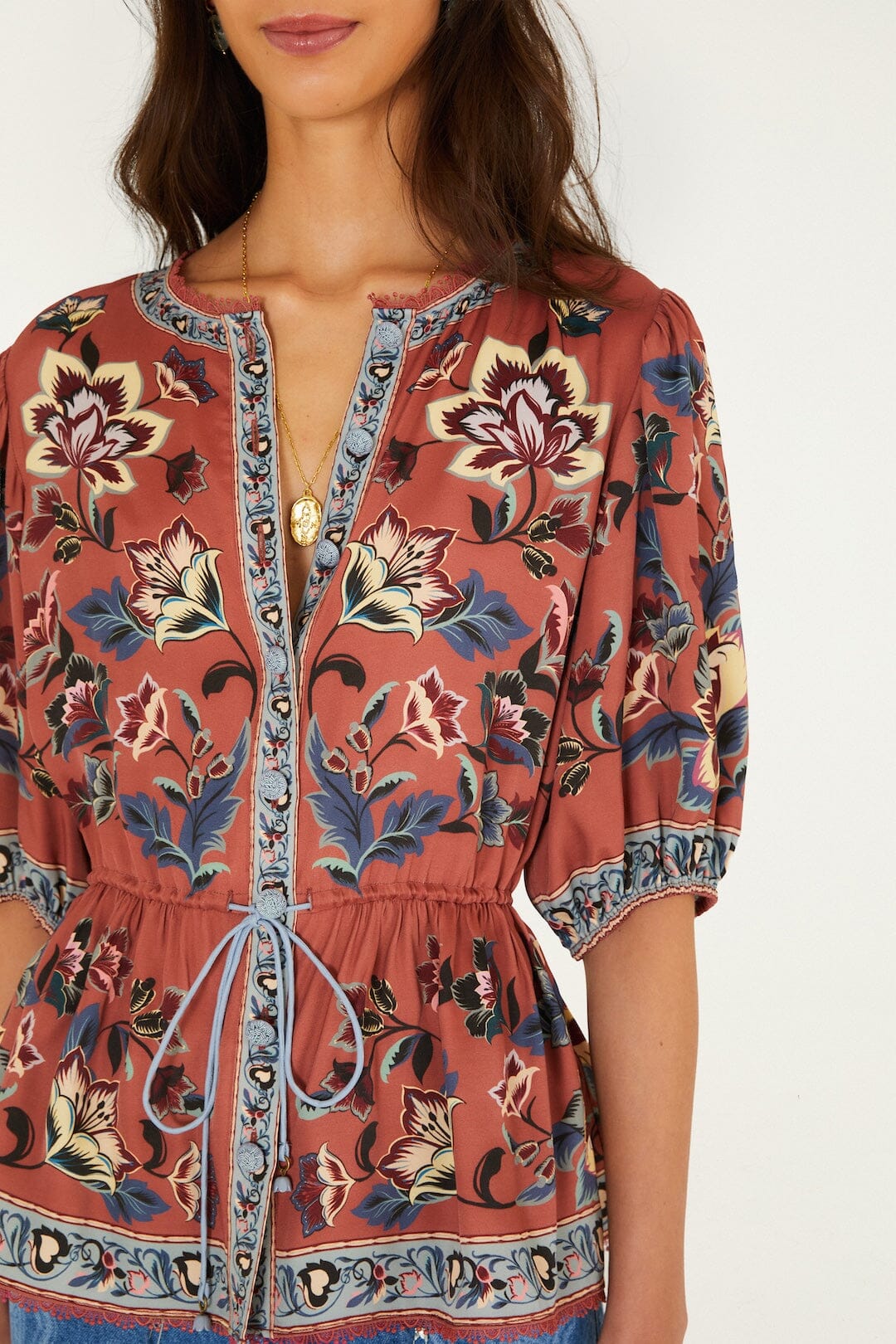 FARM Rio model wearing the Floral Beauty Tapestry Blouse