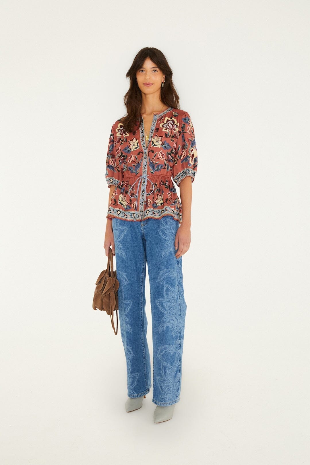Floral Beauty Tapestry Drawstring Blouse