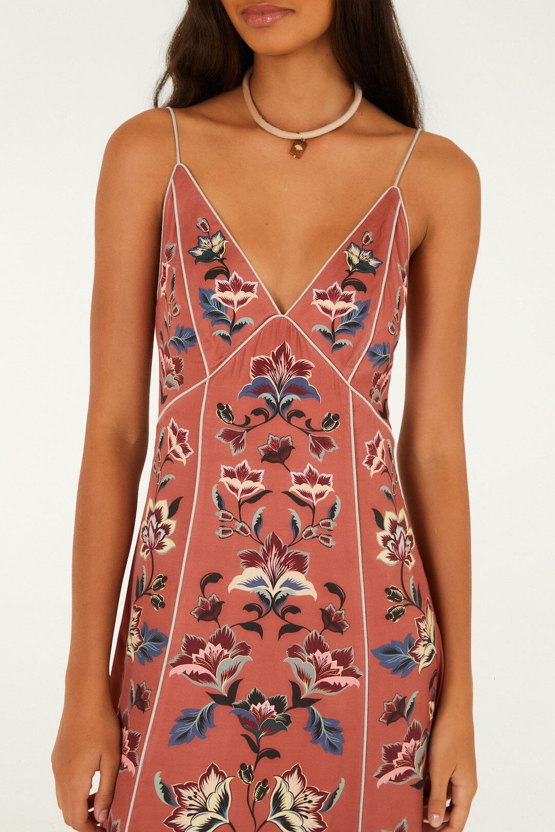 FARM Rio model wearing the Floral Beauty Tapestry Maxi Slip Dress