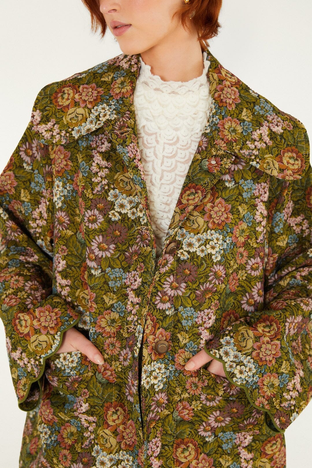 Flower Jacquard Lapel Trench Coat