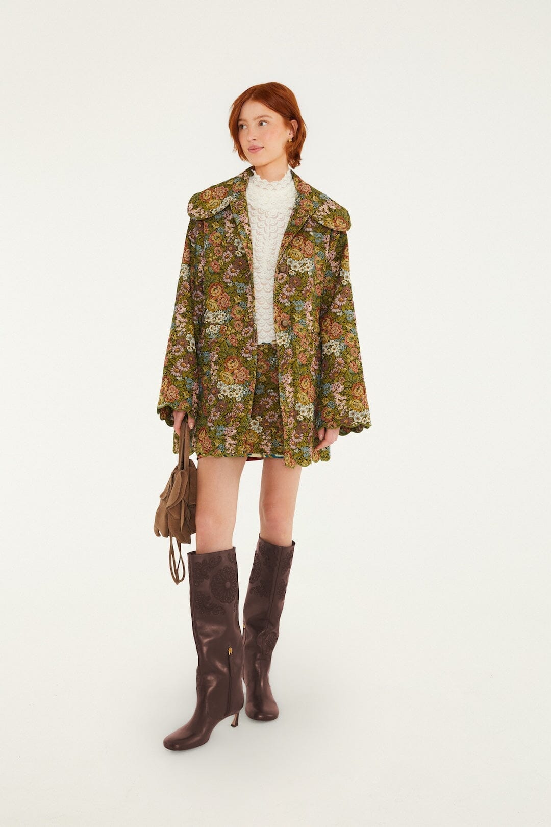 Flower Jacquard Lapel Trench Coat