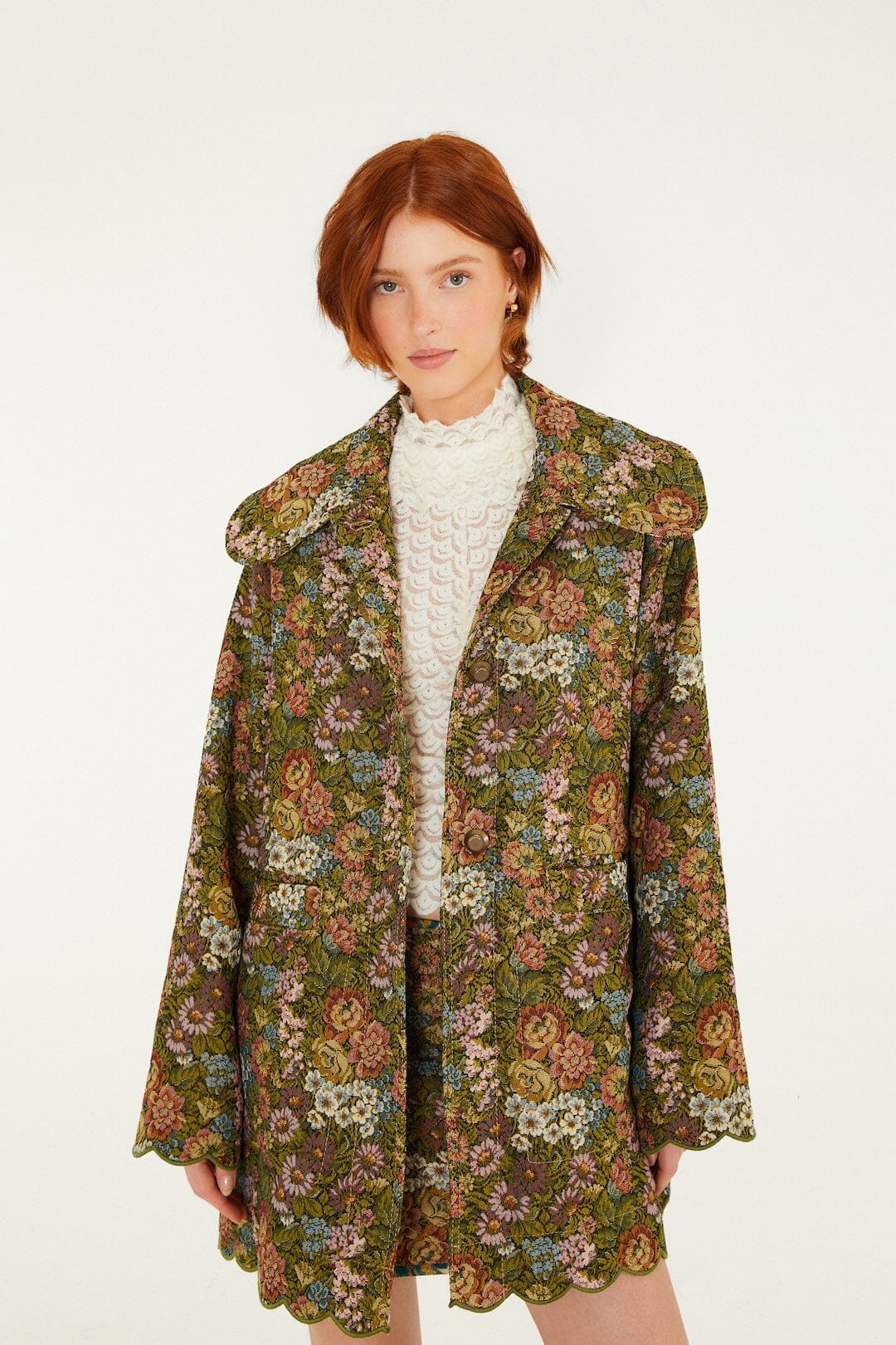 Flower Jacquard Lapel Trench Coat