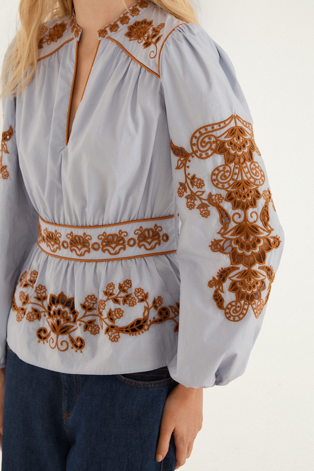 FARM Rio model wearing the Flower Richelieu Long Sleeve Blouse