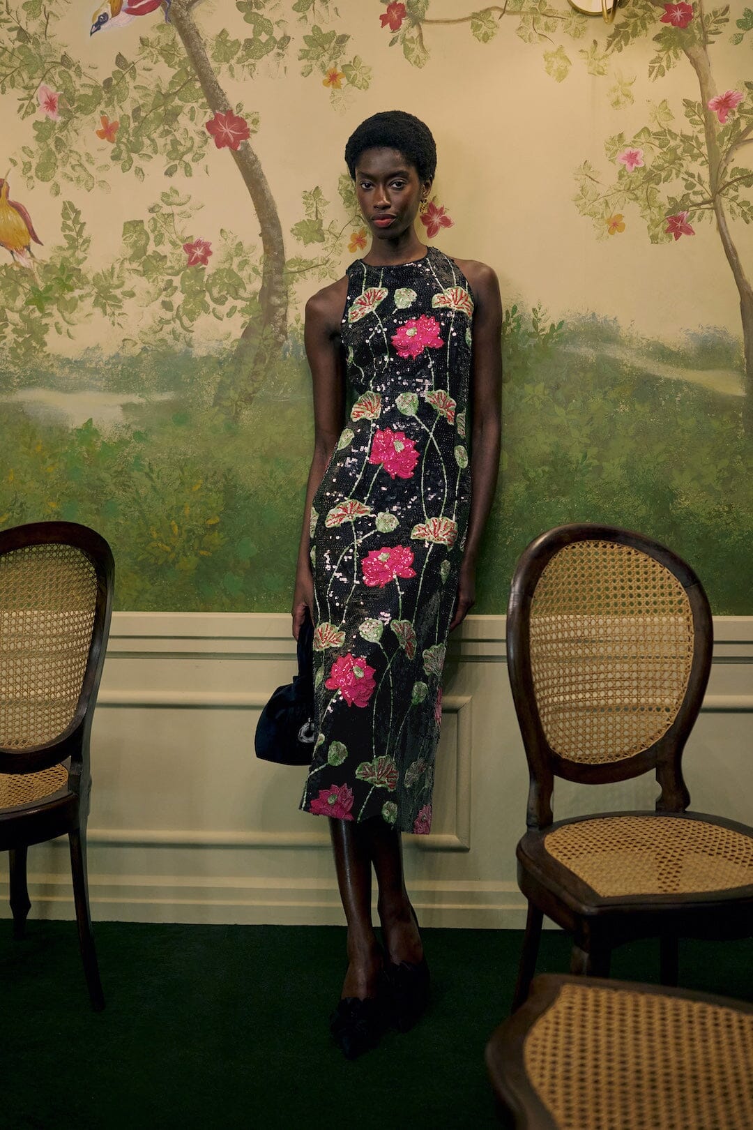 FARM Rio model wearing the Flower Sequins Sleeveless Midi Dress