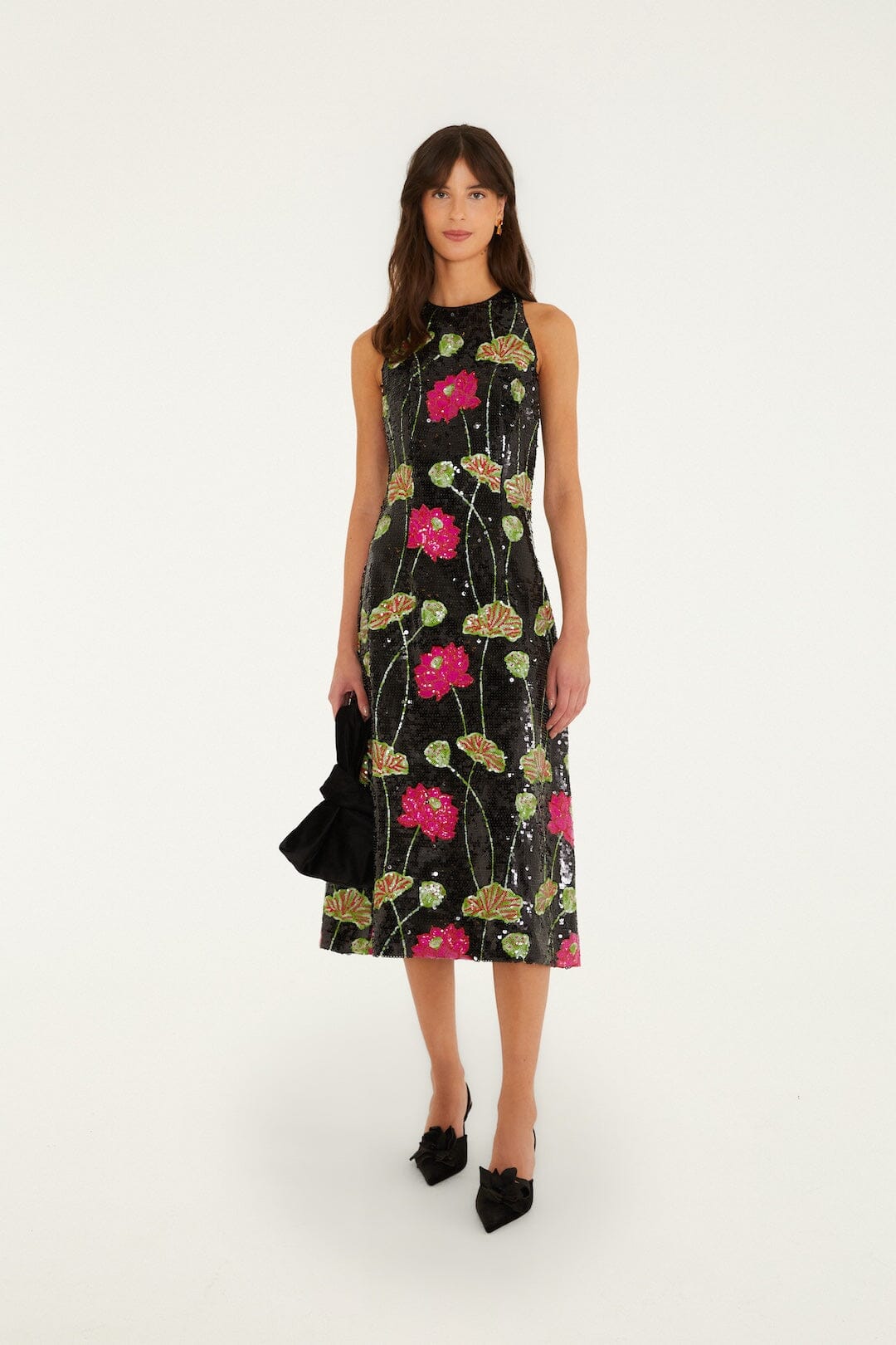 FARM Rio model wearing the Flower Sequins Sleeveless Midi Dress