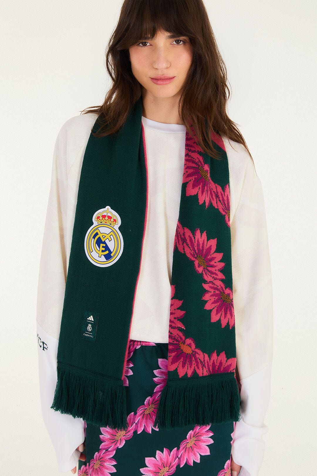 FARM Rio model wearing the Flowerbana Green Adidas Scarf
