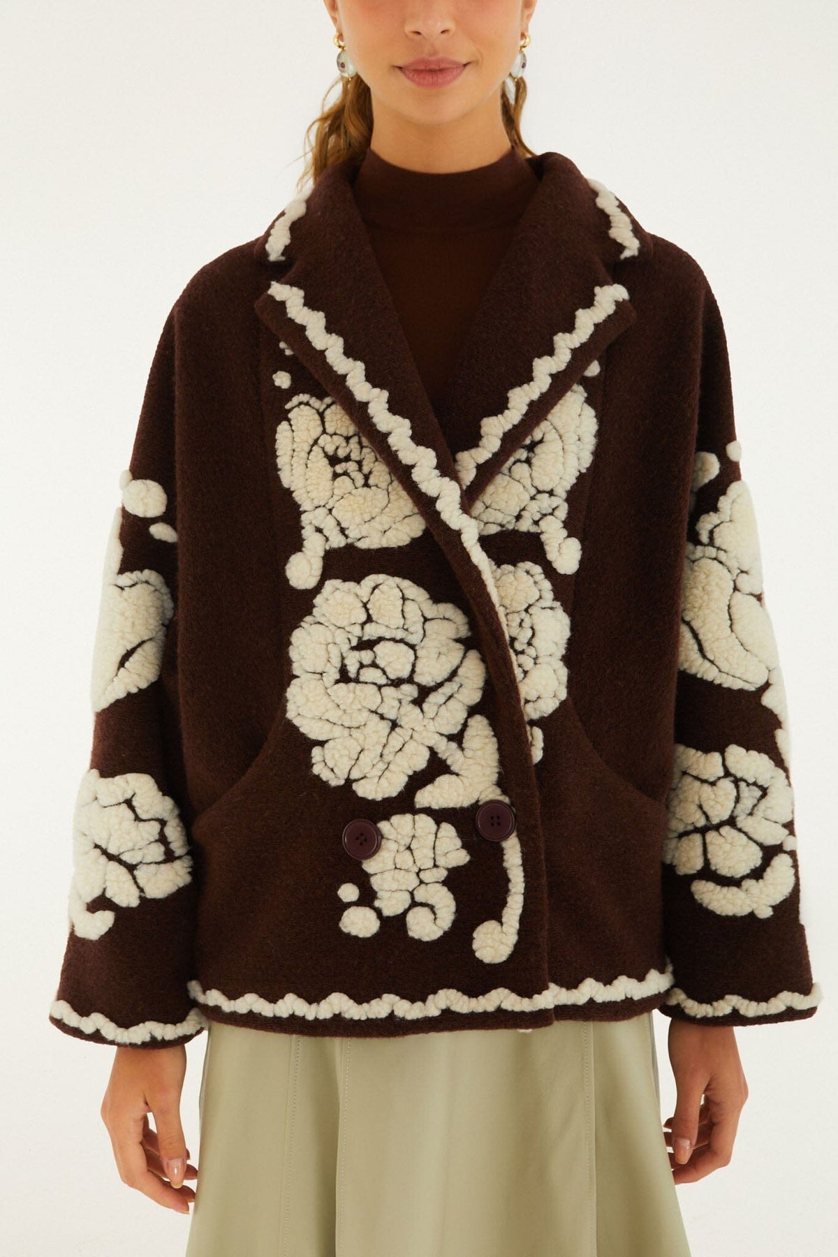 Flowers Pockets Crop Fleece Coat