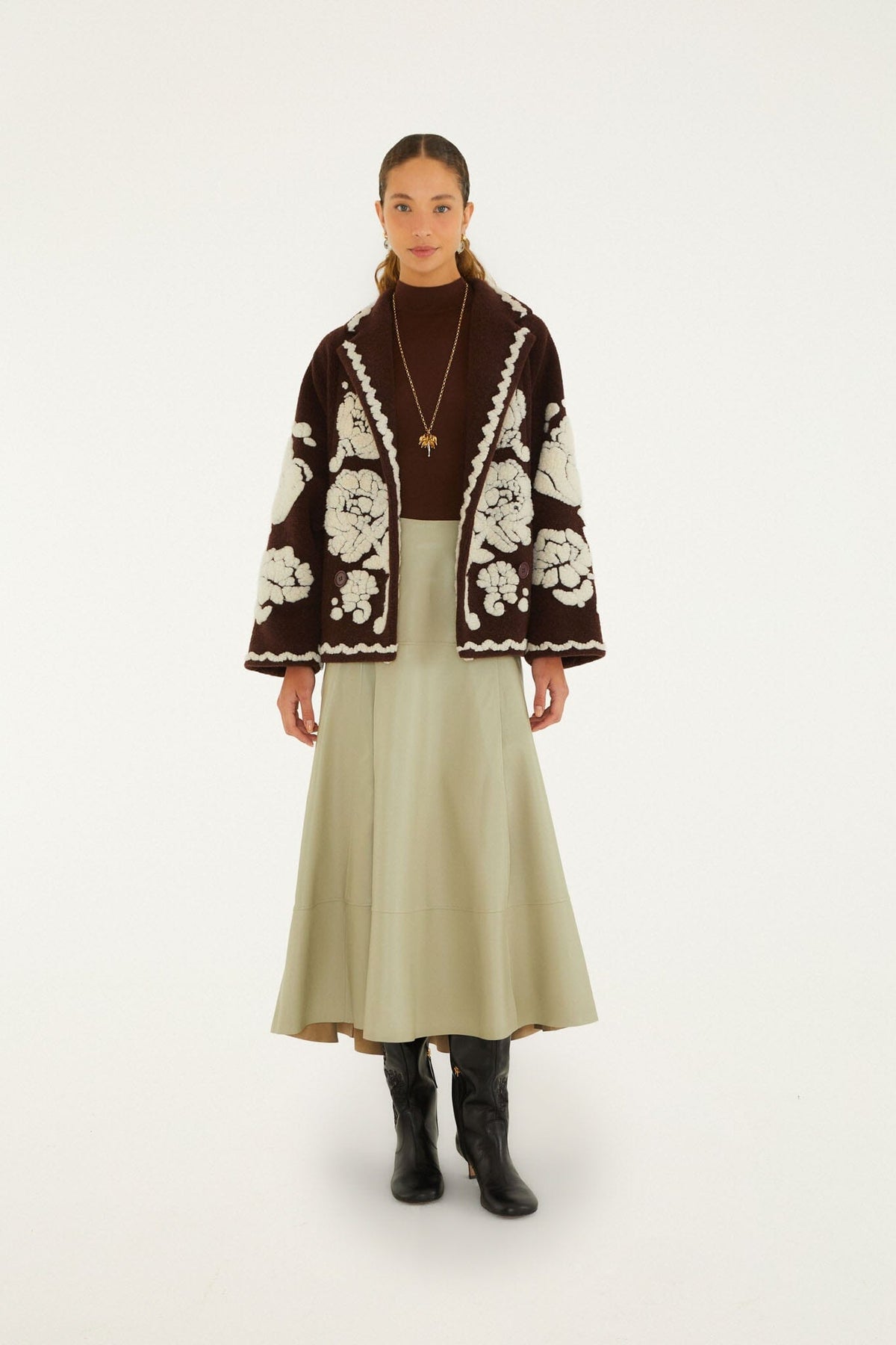 Flowers Pockets Crop Fleece Coat