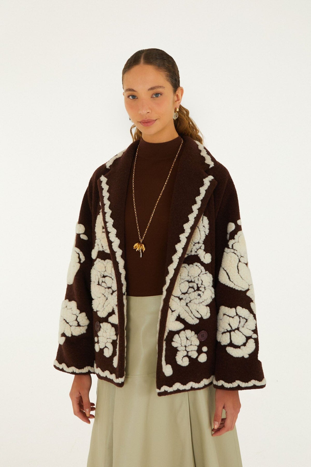 Flowers Pockets Crop Fleece Coat