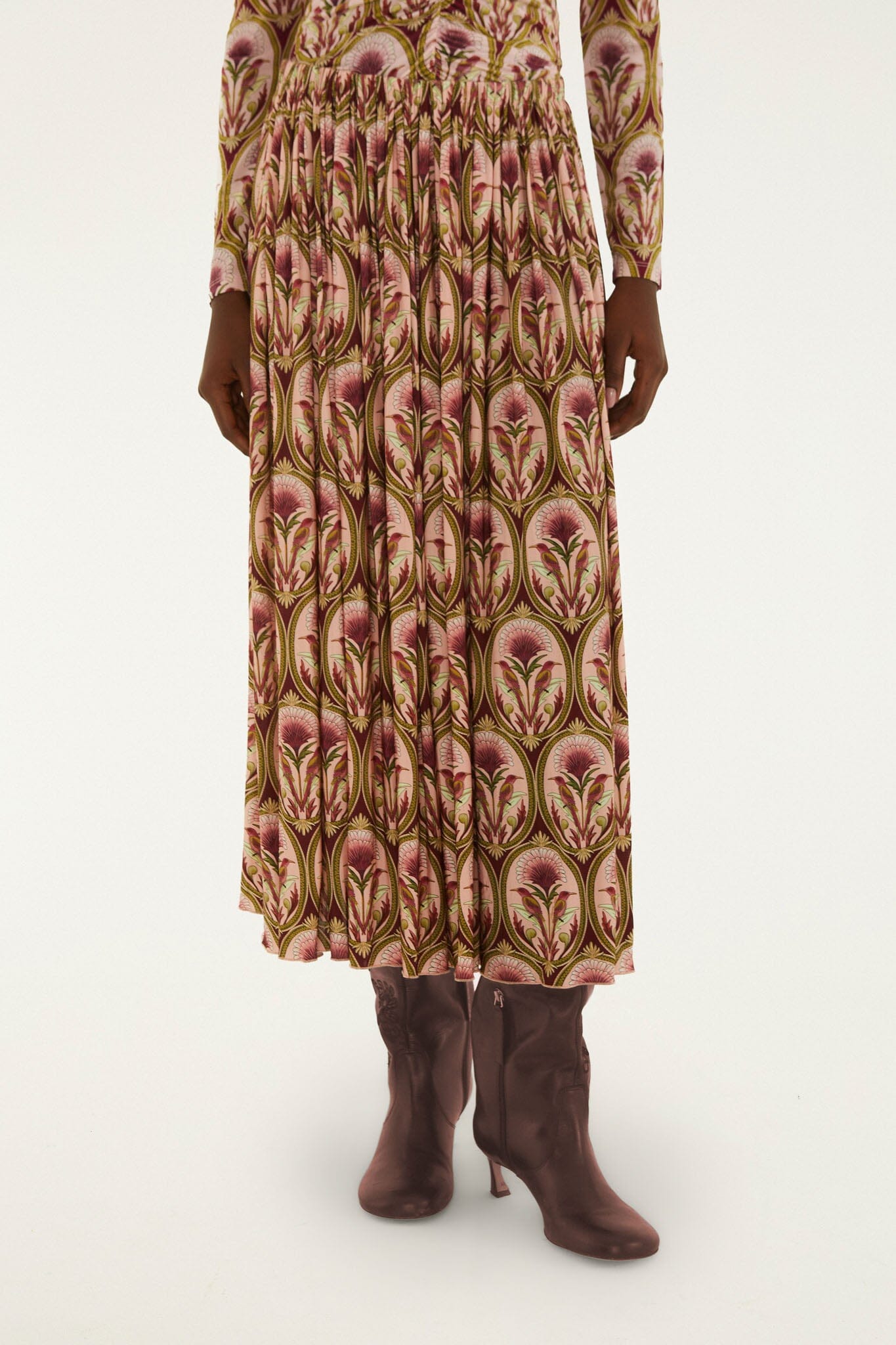 FARM Rio model wearing the Garden Medal Midi Skirt