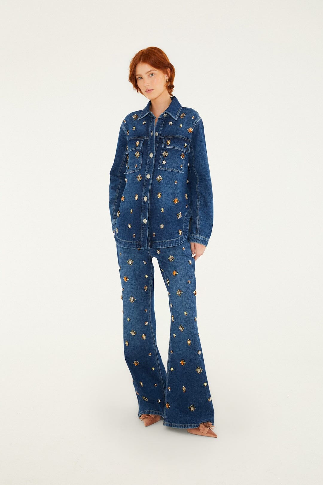 FARM Rio model wearing the Golden Gems Denim Flared Trousers