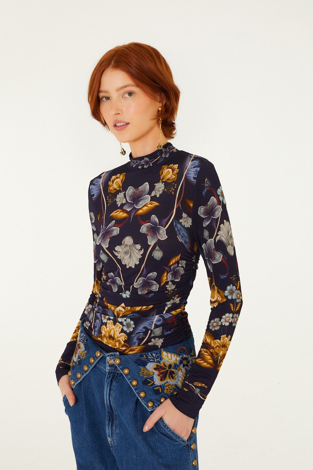 FARM Rio model wearing the Golden Nature Jersey Blouse