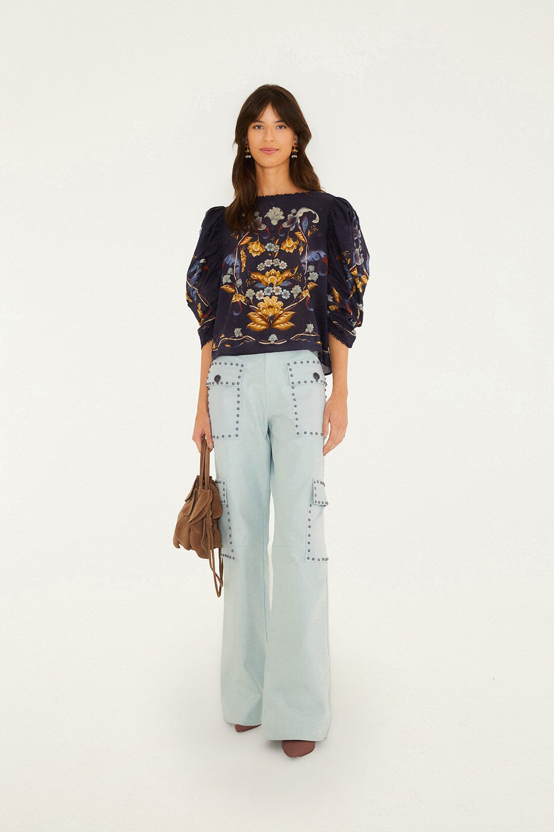 FARM Rio model wearing the Golden Nature Short Sleeve Blouse