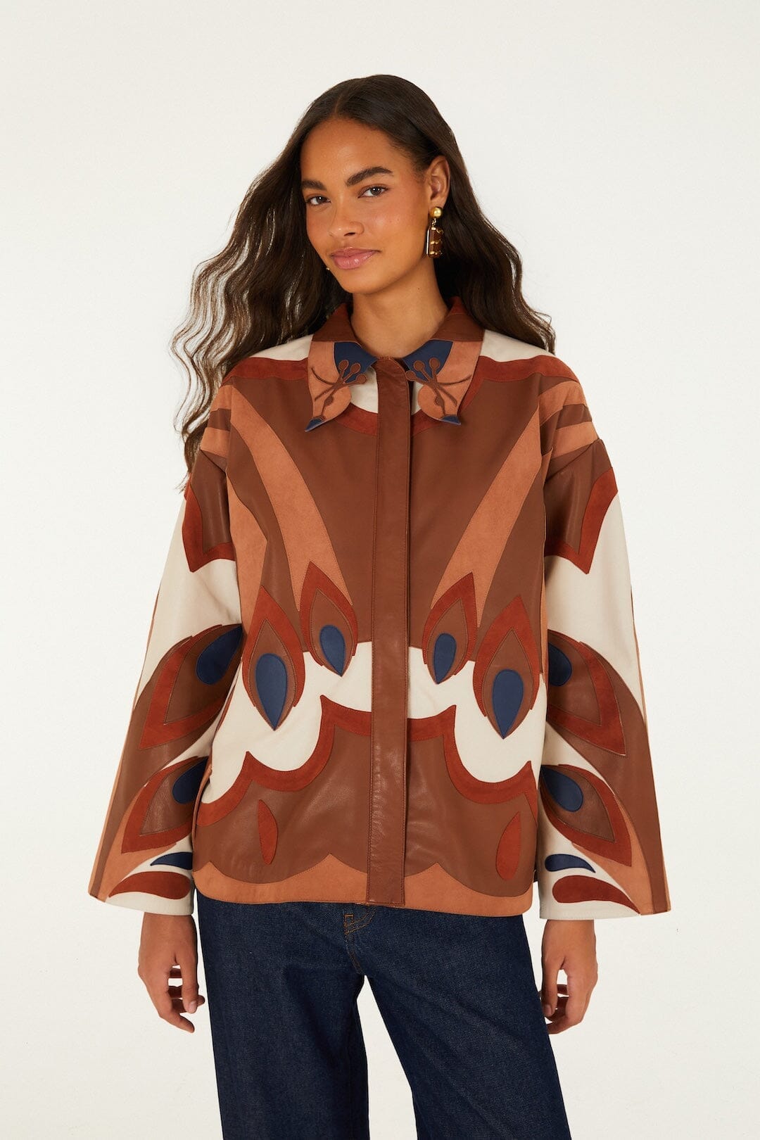 Graphic Bird Collared Leather Shirt