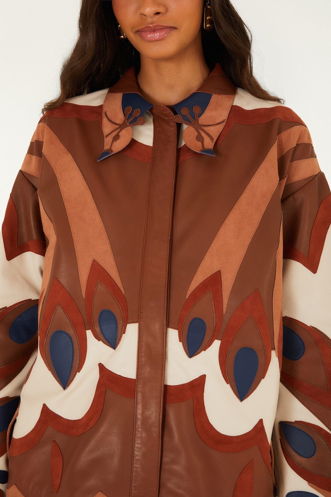 Graphic Bird Collared Leather Shirt