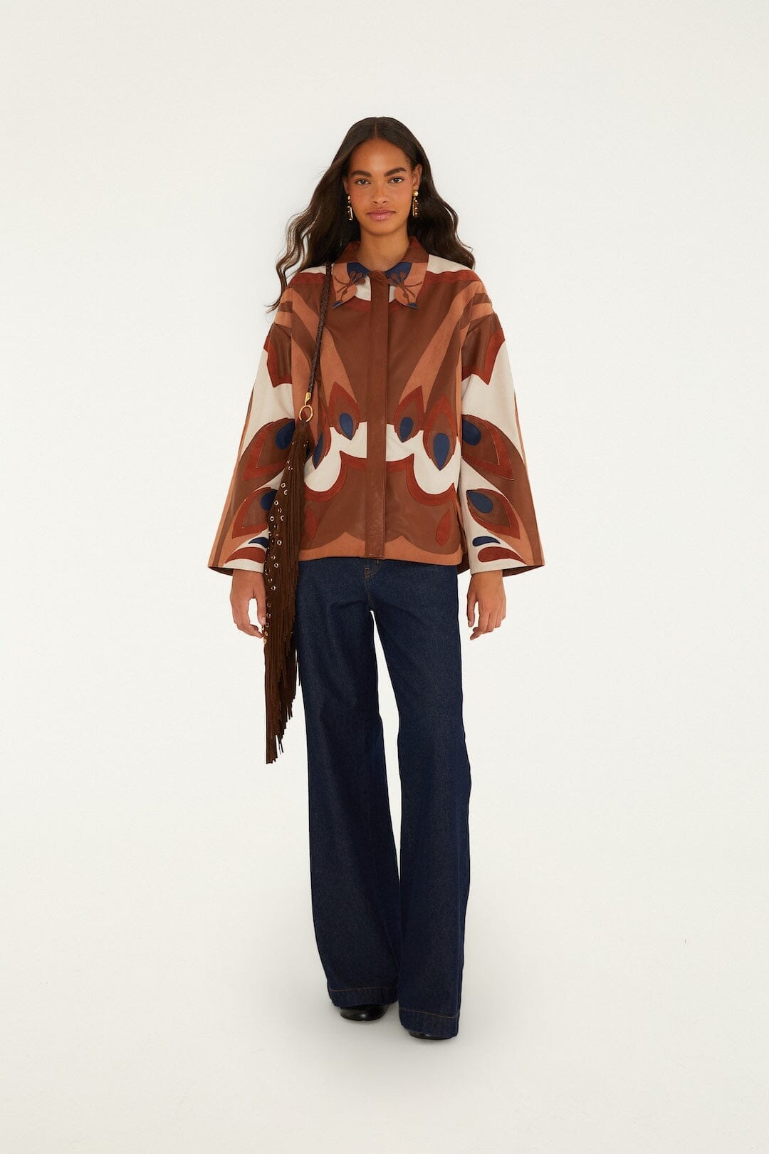 Graphic Bird Collared Leather Shirt