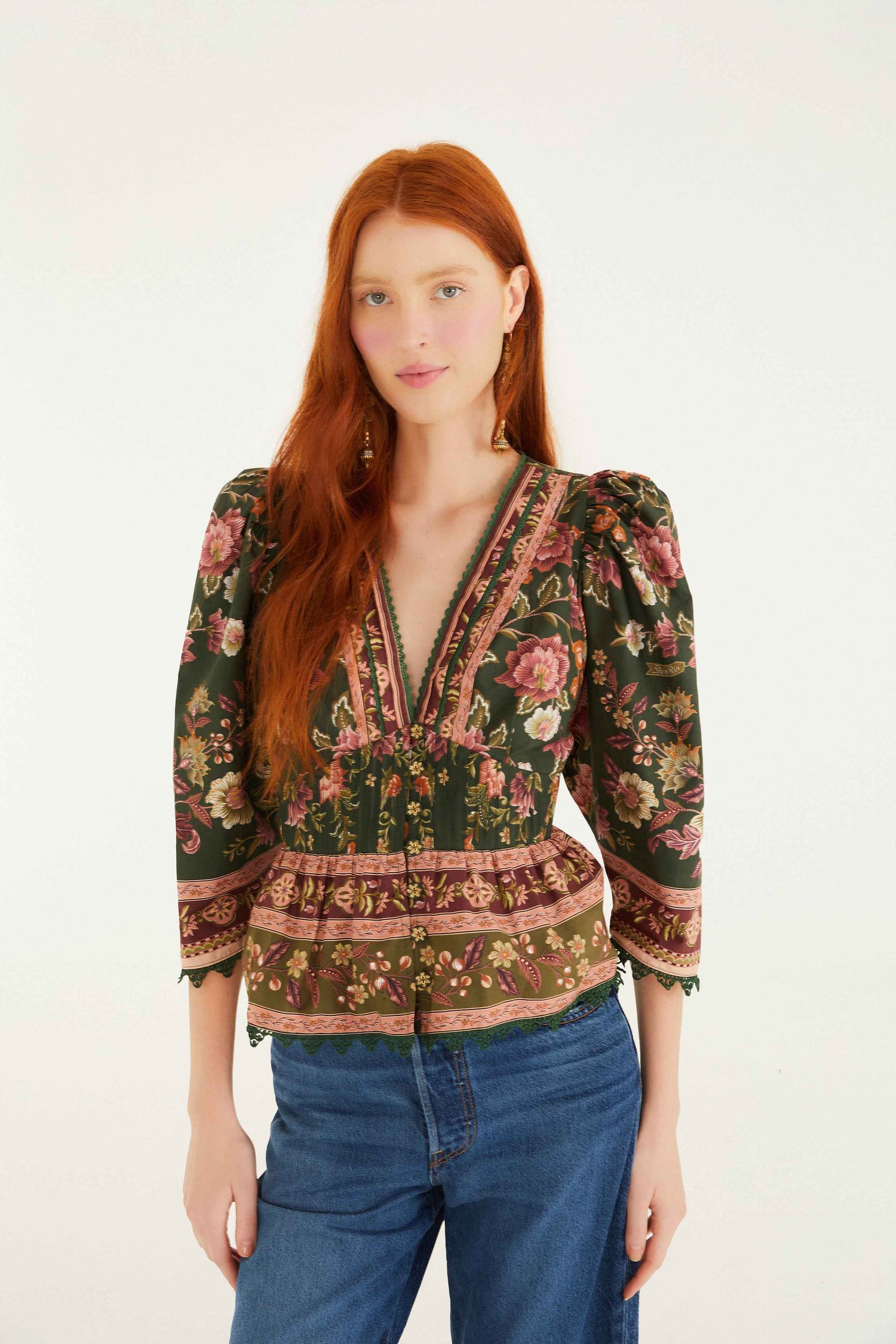 FARM Rio model wearing the Green Flowering Garden Tree Blouse