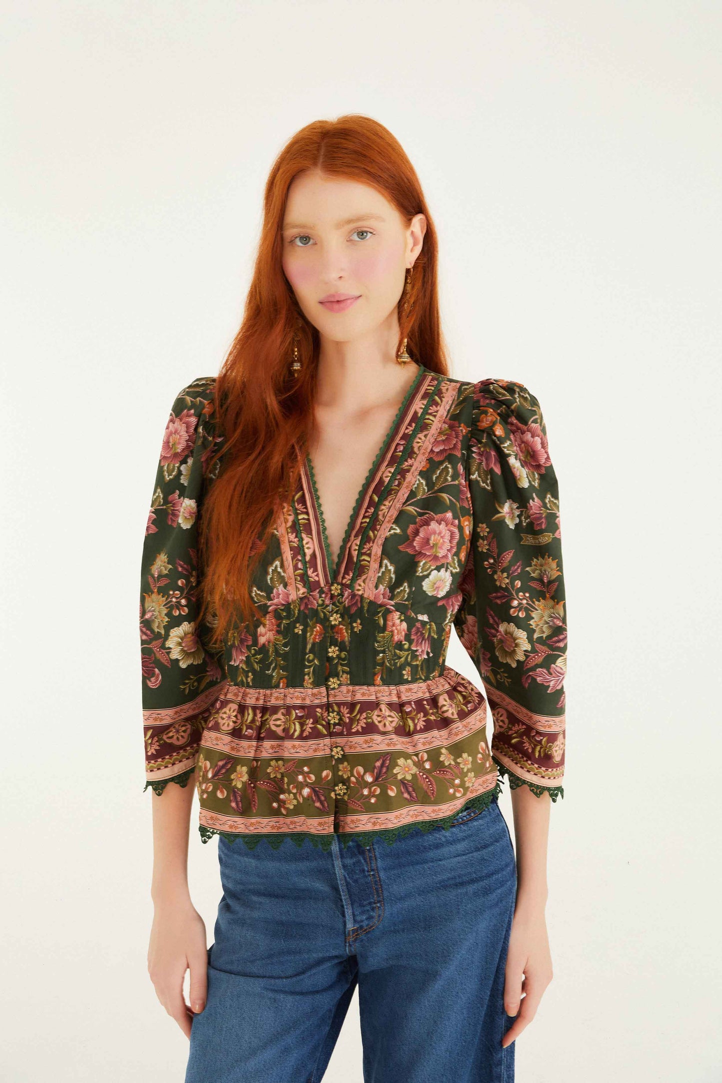 FARM Rio model wearing the Green Flowering Garden Tree Blouse