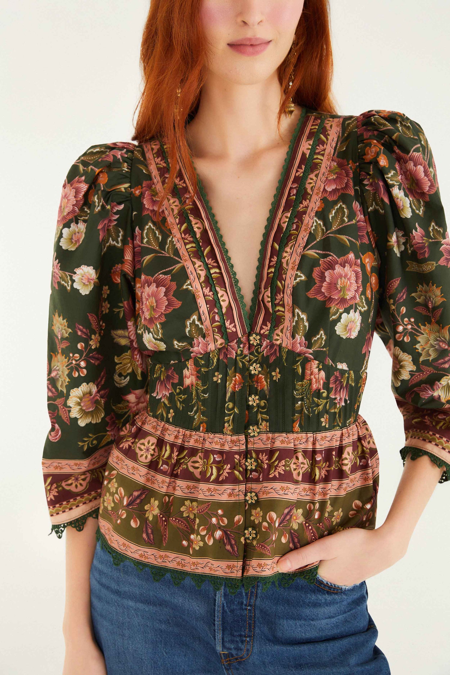 FARM Rio model wearing the Green Flowering Garden Tree Blouse