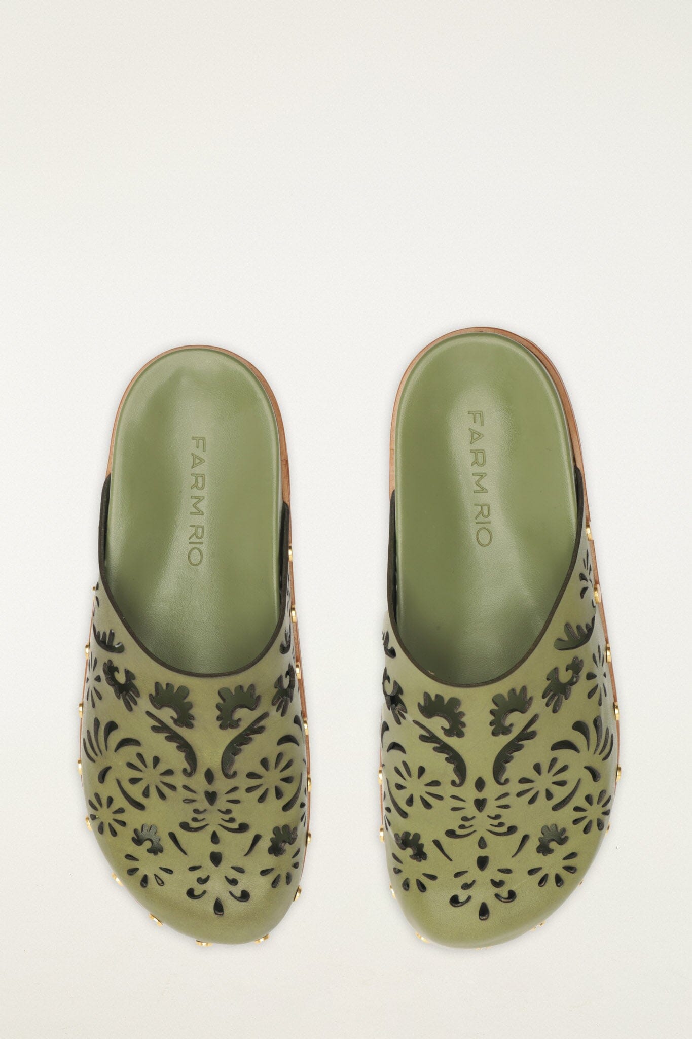 FARM Rio model wearing the Green Lace Leather Anatomic Slide Mule