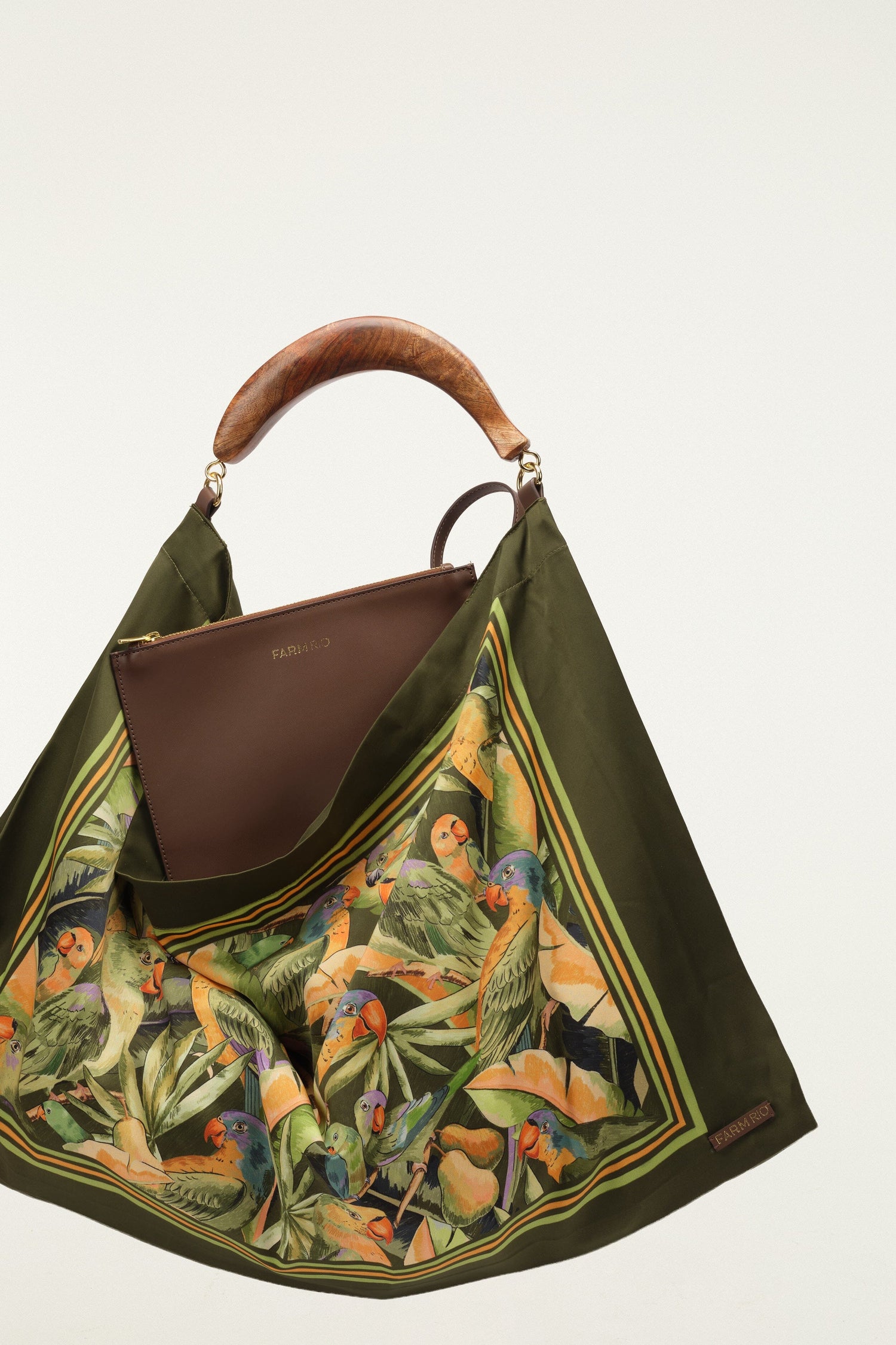 FARM Rio model wearing the Green Nature Satin Medium Scarf Bag
