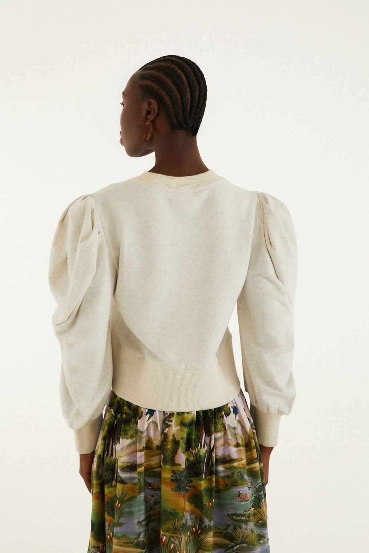 Grey Countryside Landscape Puff Sleeve Sweater