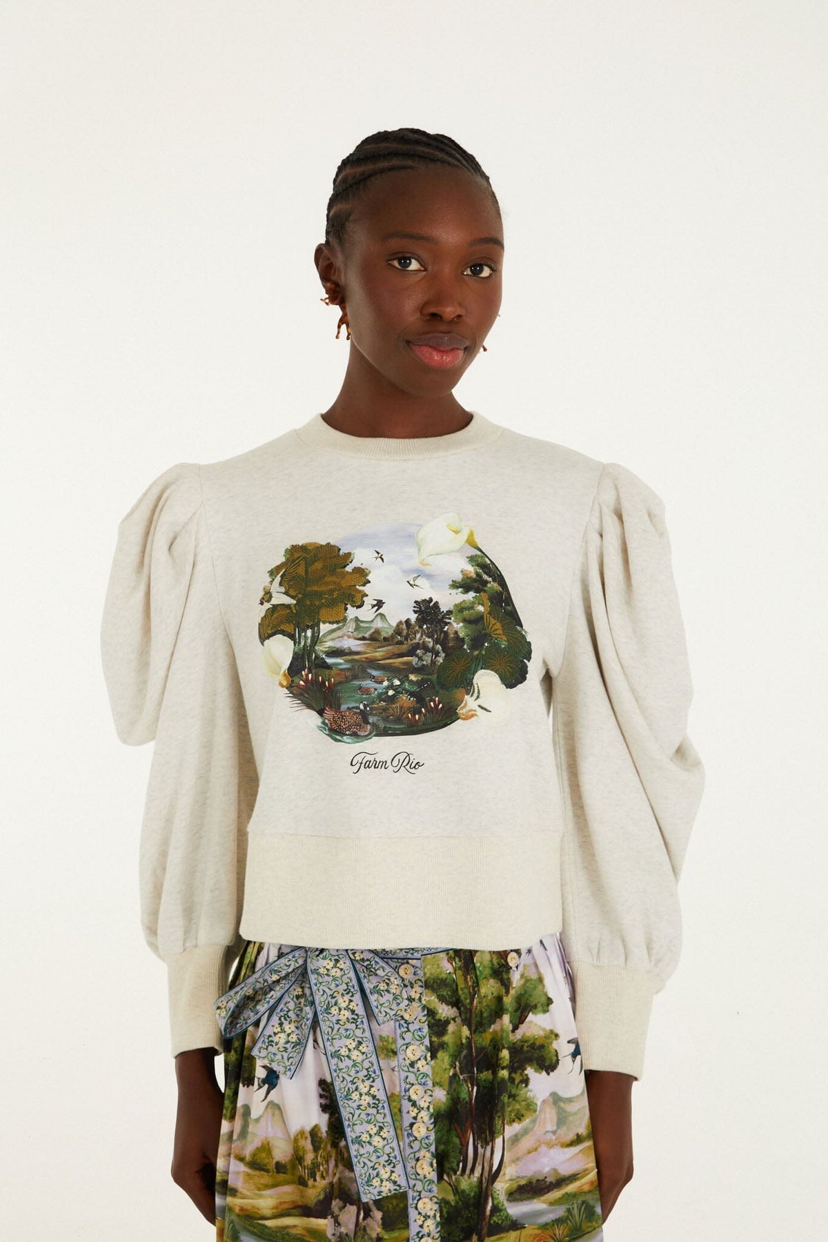Grey Countryside Landscape Puff Sleeve Sweater