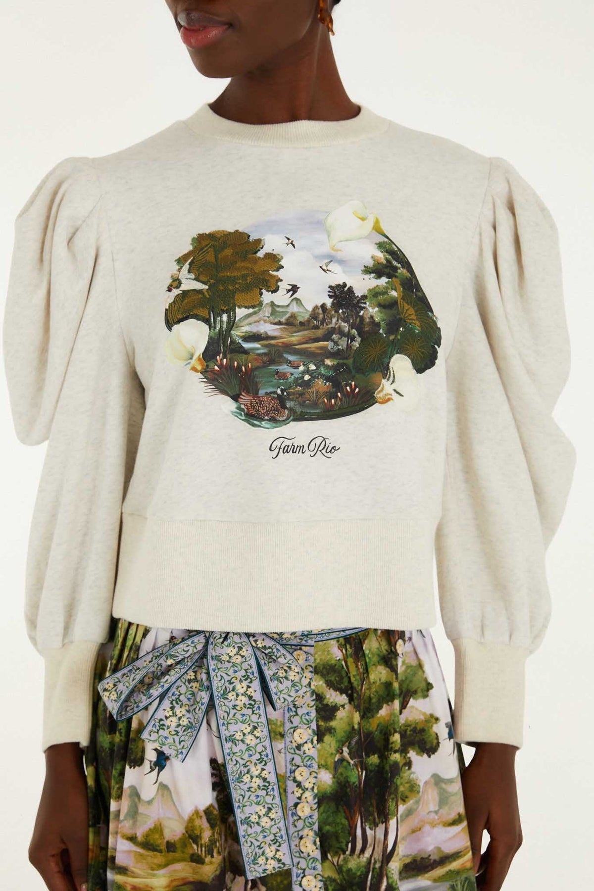 Grey Countryside Landscape Puff Sleeve Sweater