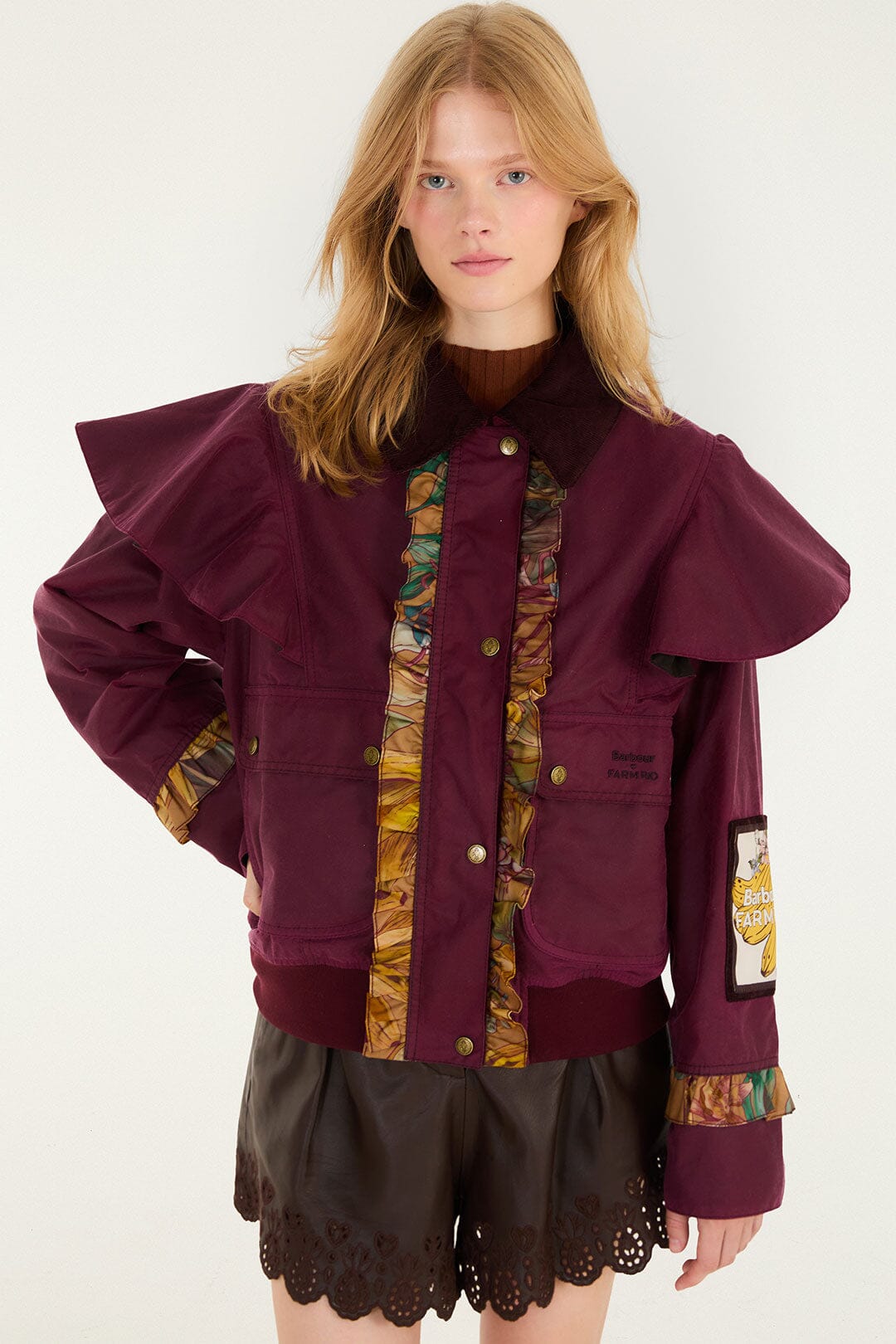 FARM Rio model wearing the Groove Ruflled Wax Jacket