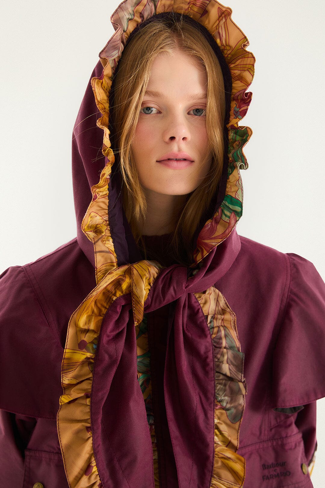 FARM Rio model wearing the Groove Ruflled Wax Jacket