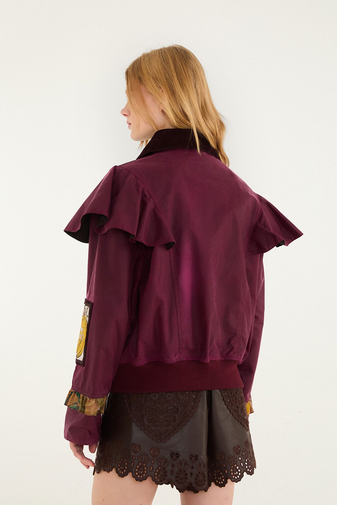 FARM Rio model wearing the Groove Ruflled Wax Jacket
