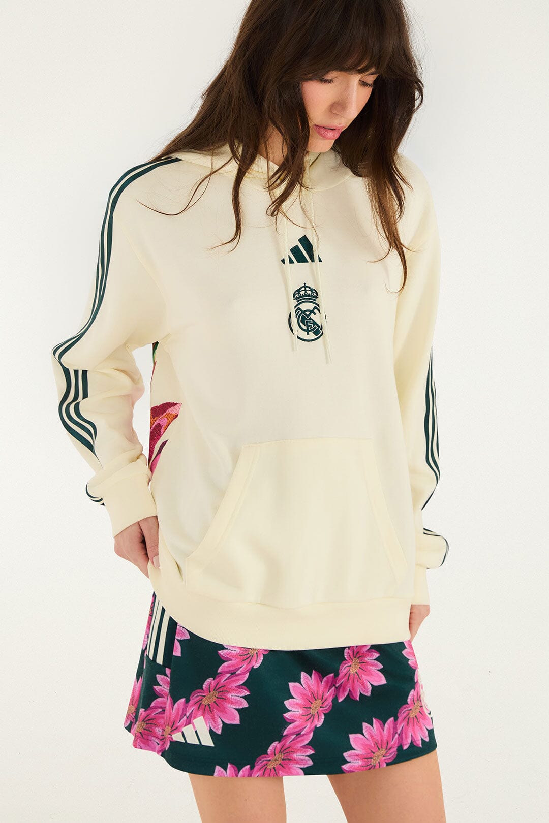FARM Rio model wearing the Hoodie Adidas Real Flower Cream