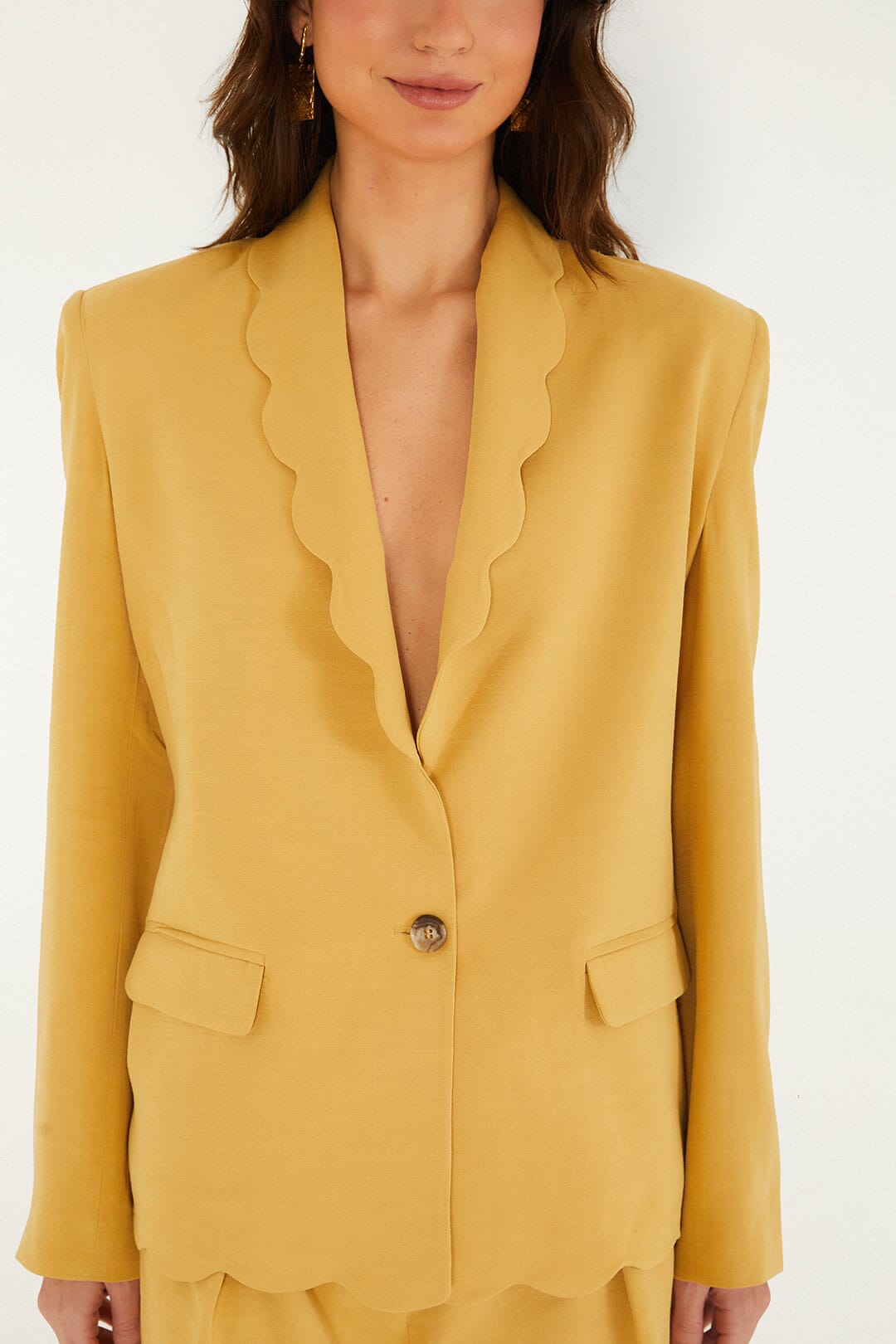 FARM Rio model wearing the Khaki Collared Scalloped Blazer