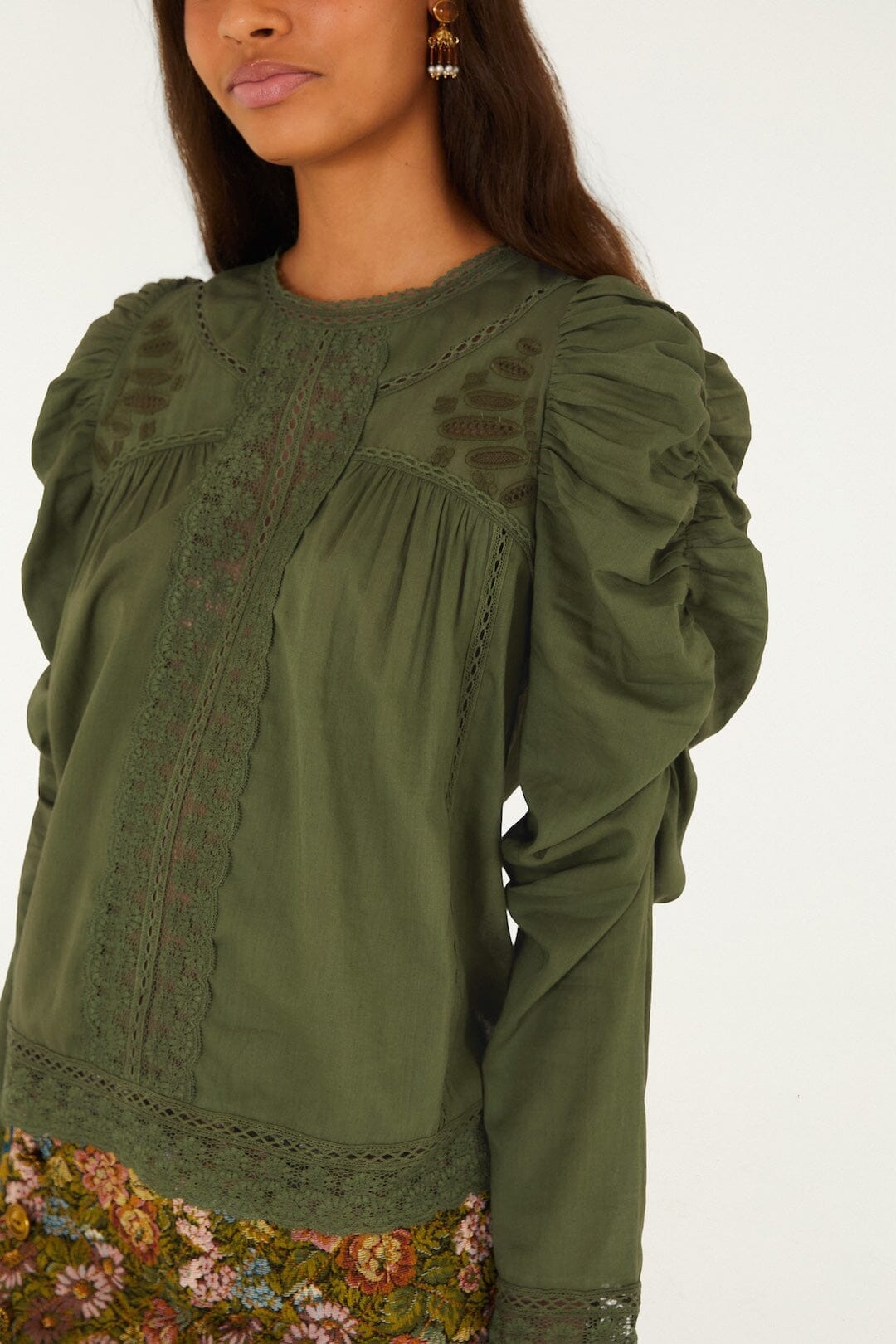 Lace Ruched Sleeve Blouse